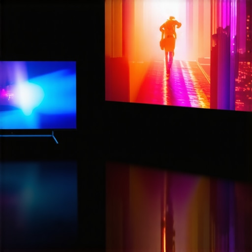 A visual comparison between a high-end OLED television and a large 4K laser projector screen setup.
