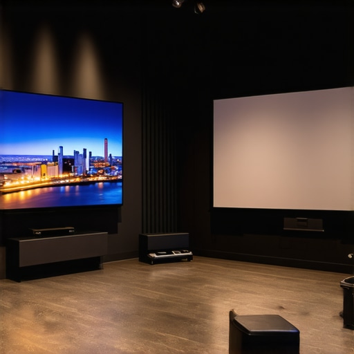 OLED vs Projector Screen Size Comparison Comparison of a large OLED TV and a massive home theater projector screen in a dark cinema room.