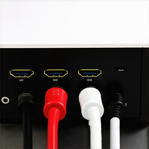 Rear view of a projector showing HDMI and power ports with organized cables
