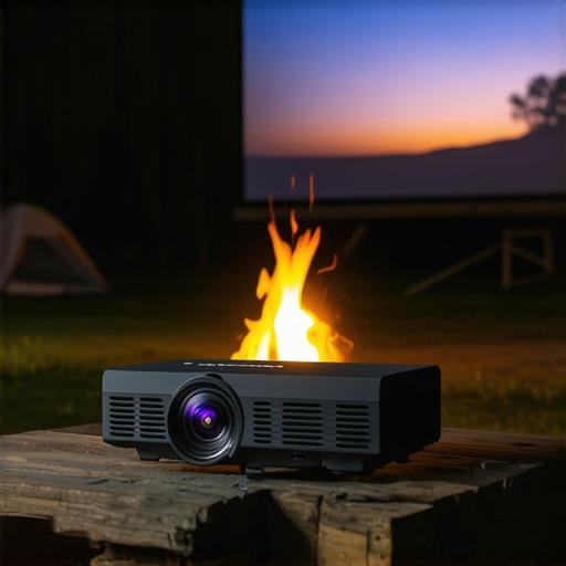 A portable 4k projector setup in a campsite environment showing real world usage
