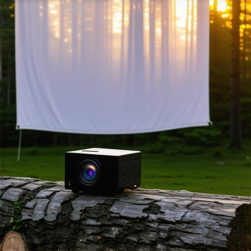 Portable projector being used in a rugged outdoor camping setup at twilight.