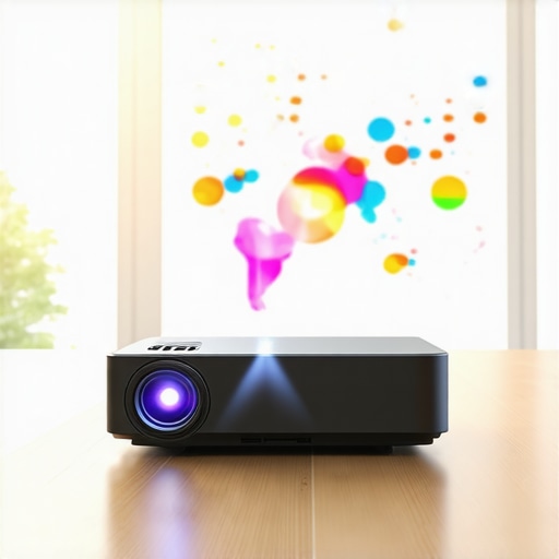 Portable Laser Projector Performance in Bright Office A portable laser projector displaying a bright infographic in a sunlit professional meeting room.