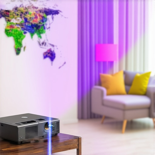Portable Laser Projector Setup for Interactive Learning A smart projector displaying a vibrant map on a wall in a daylight-filled room.