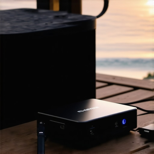 Close-up of a portable power station and 4K projector for outdoor cinema
