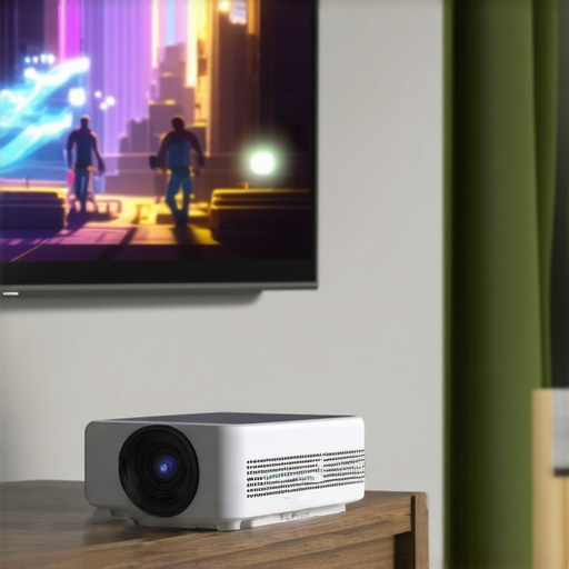 Portable Projector Setup in a Cozy Home Environment A modern portable projector displaying a vibrant movie on a white wall in a living room setting.