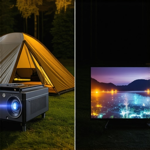 A side-by-side visual comparing a portable projector in a camping setting versus a 4K TV in a living room.