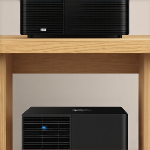 Portable Projector vs Traditional Home Theater Unit Comparison Comparison between a compact portable projector for business and a large stationary home theater projector.