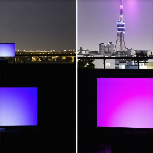 A comparison showing the massive scale of a portable projector image against a standard television on a rooftop.
