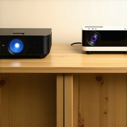 Comparing a compact portable projector with a large ultra short throw unit on a desk.