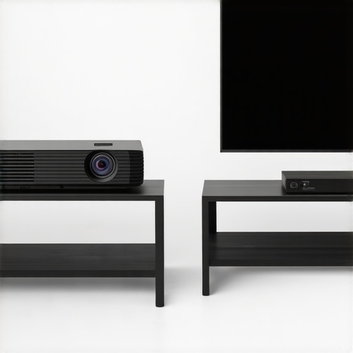 Portable vs UST Projector Design Comparison Side by side comparison showing the size and placement differences between a portable projector and a UST laser projector.