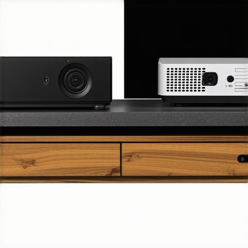 Portable vs. Ultra Short Throw Projector Comparison A visual size and design comparison between a compact portable projector and a large laser UST projector on a wooden stand.