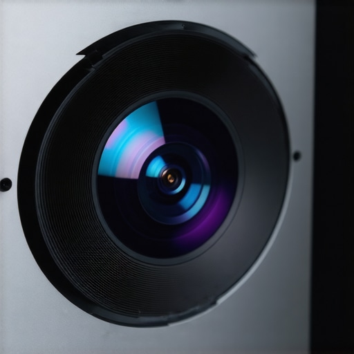Close-up of a laser projector lens showing internal glass and light path