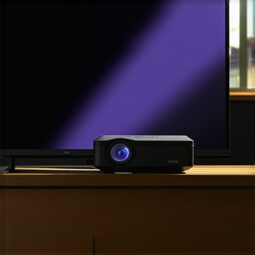 Close-up of a laser projector's light beam hitting a screen at a sharp angle from a short distance.