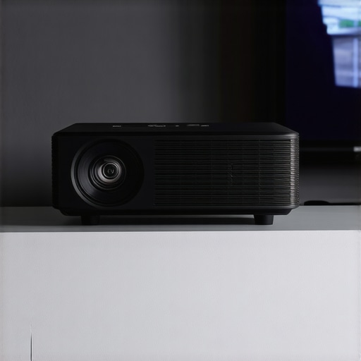 Detailed view of a 4K laser projector's lens and metallic chassis in a home theater setup.