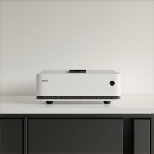 Premium 4K Projector Setup on Shelf A high-end home theater projector installed on a shelf showing its sleek build quality.