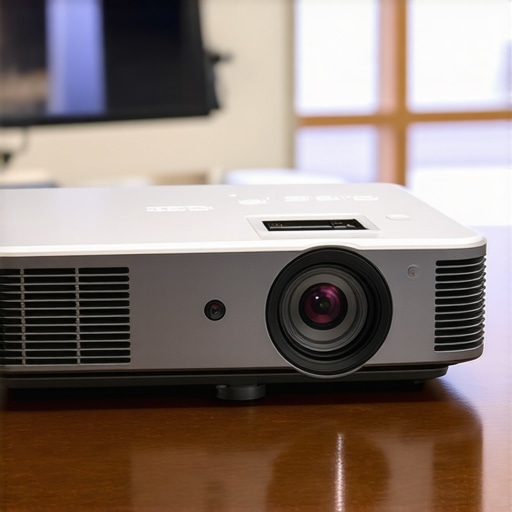 Premium Build Quality of a Professional Portable Projector A high-end portable projector with a metallic finish on a boardroom table.