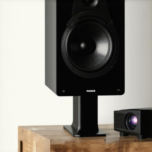 High-end compact audio driver positioned next to a laser projector lens in a home theater.