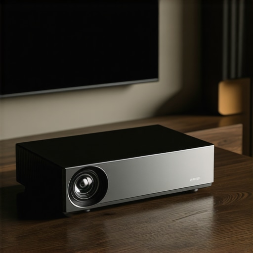 Premium Laser Projector Build Quality A high-end ultra-short throw projector displayed on a living room console.