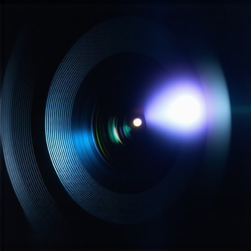 Close-up of a high-quality glass lens on a 4K home theater projector.