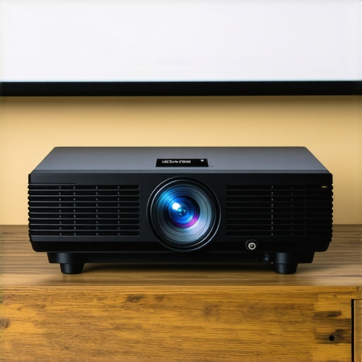 Premium Laser Projector Hardware Setup A professional 4K laser projector on a console with a projection screen in the background.