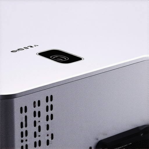 Premium Portable Projector Build Details Close-up of a portable projector showing ventilation and metal housing