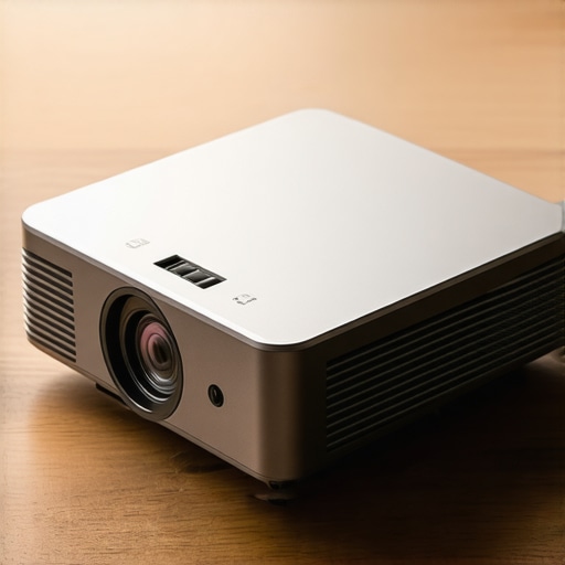 Close-up of a metallic portable projector lens highlighting build quality and optical clarity.