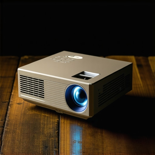 Premium Portable Projector Build and Design Close-up of a high-quality aluminum portable projector on a wooden table casting a bright light beam