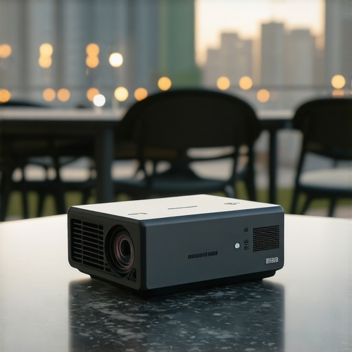 Close-up of a high-end portable projector's build quality and lens on an outdoor table.