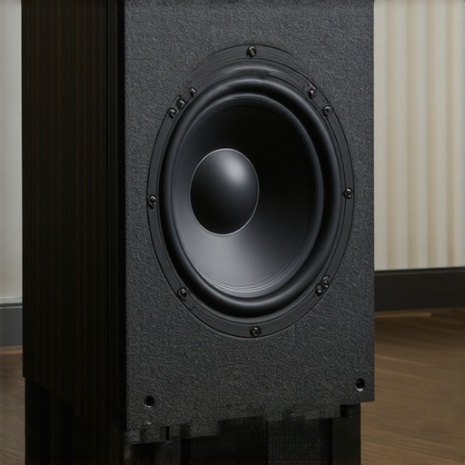 A close up of a high-performance home theater subwoofer showing the driver and industrial cabinet design.