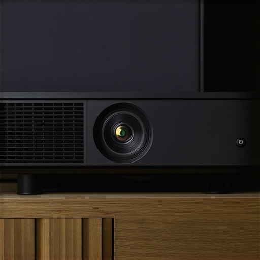 Premium UST Projector Design Close-up of a high-end laser projector lens and chassis.