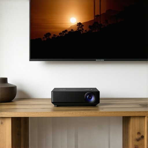 Premium Ultra Short Throw Projector Setup A high-end UST laser projector displaying a 4K image in a modern living room.