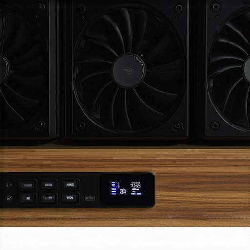 Dual fan cooling system with thermal controller inside a projector cabinet.