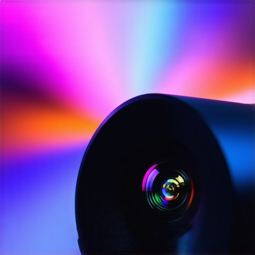 Professional 4K Projector Glass Lens Detail Macro view of a high-end projector lens highlighting the optical glass quality.