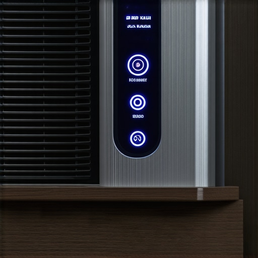 A high-end cooling fan and thermal controller mounted in a wooden projector cabinet showing a digital temperature reading.