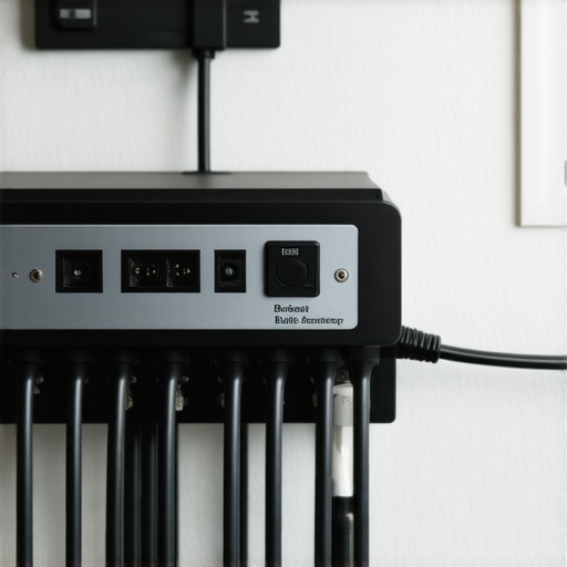 A rugged metal surge protector protecting expensive projector equipment.