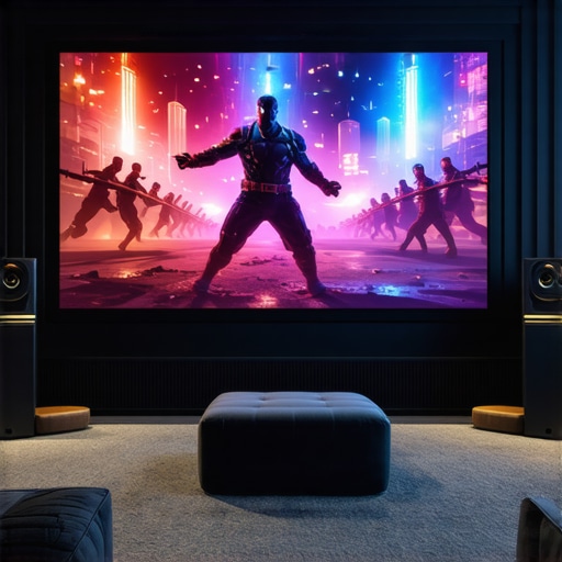 A home theater setup featuring wall-mounted acoustic panels and a 4K projection screen.