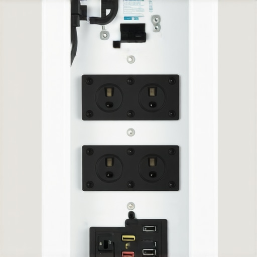 Close-up of a recessed home theater power and data bridge installed in a wall.