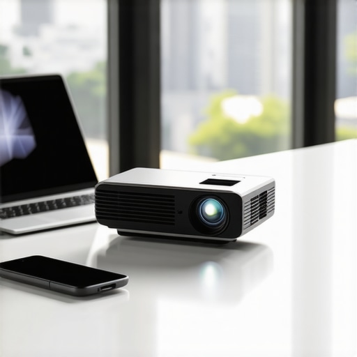 High-end portable smart projector on a boardroom table showing its compact design and brightness capabilities.