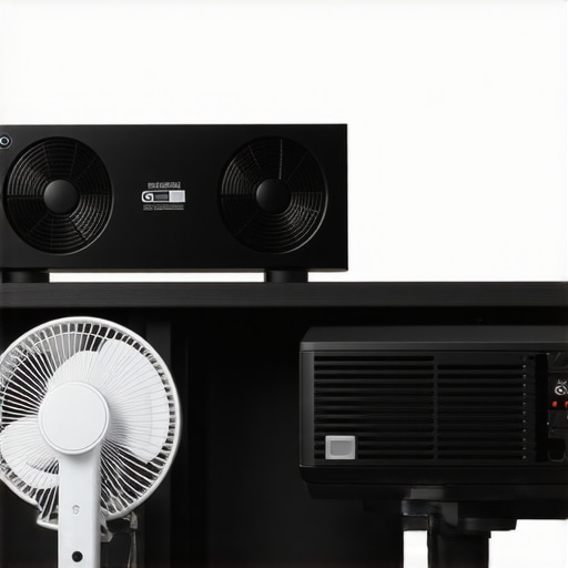 Professional Projector Cooling vs Budget Desk Fan A side-by-side comparison of a high-end AV cooling system and a cheap plastic fan showing the build quality difference.