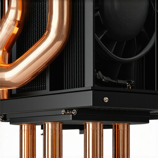 Close-up of copper heat pipes and cooling fans inside a high-end 4k projector.