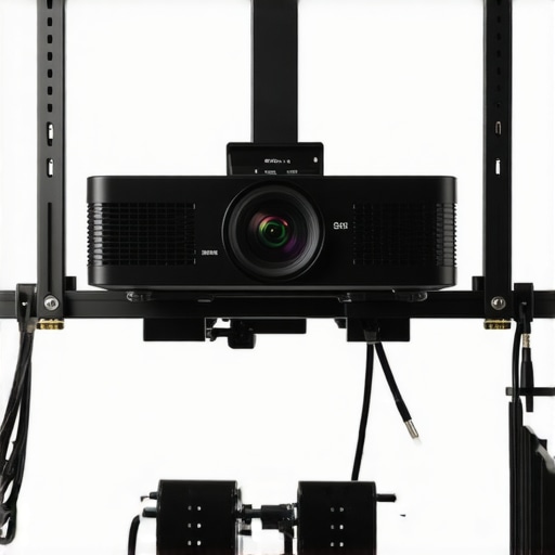 Close up of a heavy duty projector mount with micro adjustment gears and professional cable routing.