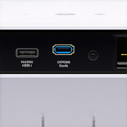 Projector Connectivity and Wireless Adapters Close-up of a projector rear panel with a wireless audio transmitter plugged in