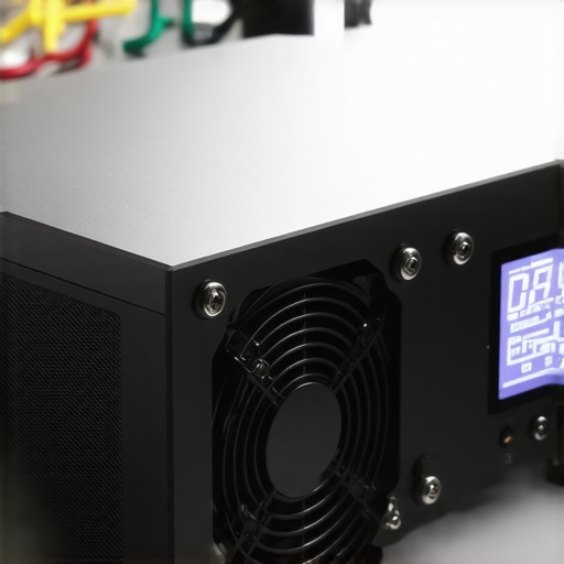 Projector Cooling Performance Test Close up of a thermal probe and cooling fan on a 4k projector showing temperature readings.