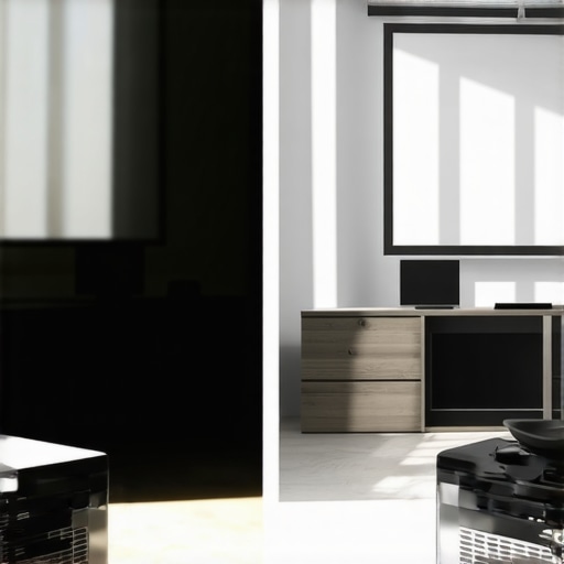 Comparison of 4k projector image quality in dark and bright room environments.