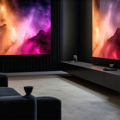 Projector Screen Versus OLED TV Comparison A comparison showing the scale of a UST projector setup next to a large flat-panel OLED TV