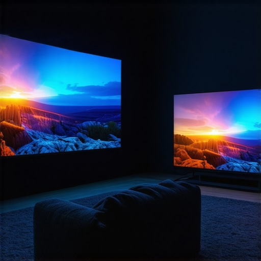 A comparison of a 100-inch projector screen and a 65-inch television in a home theater.