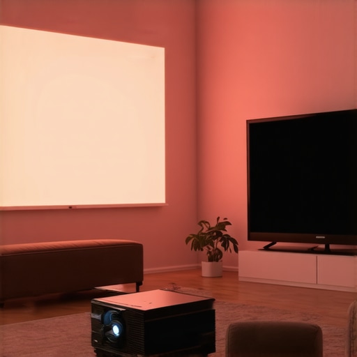 Projector Screen vs Traditional TV Scale Comparison Comparison of a 120-inch projector screen and a 65-inch TV in a modern living room setting.