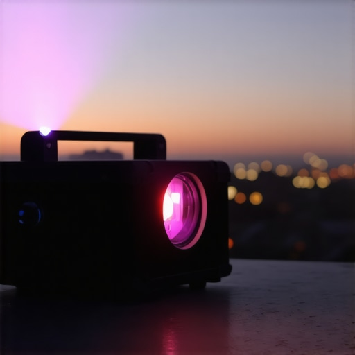 A portable laser projector undergoing a performance test during an outdoor rooftop screening at sunset.