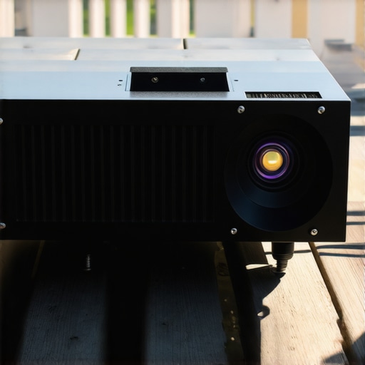 Projector Thermal Stress Test Close-up of an outdoor projector's cooling vents under direct sunlight showing heat management challenges.