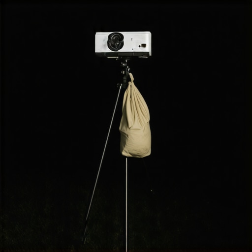 A heavy duty tripod supporting a 4K projector with a sandbag weight for balance.